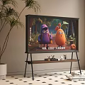 Television Displaying Cartoon Characters and Forest Background with TV Stand and Green Plant