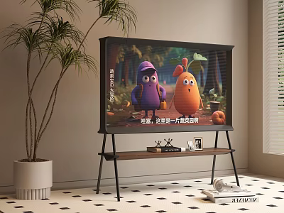 Television Displaying Cartoon Characters and Forest Background with TV Stand and Green Plant 3d model