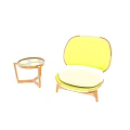 Comfortable Leisure Chair With Bright Yellow Seat Wooden Frame And Matching Round Side Table