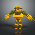 Yellow And Green 3D Mechanical Robot With Red Eyes And Extended Arms Legs