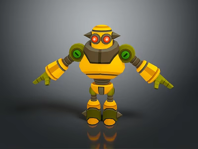 Yellow And Green 3D Mechanical Robot With Red Eyes And Extended Arms Legs 3d model