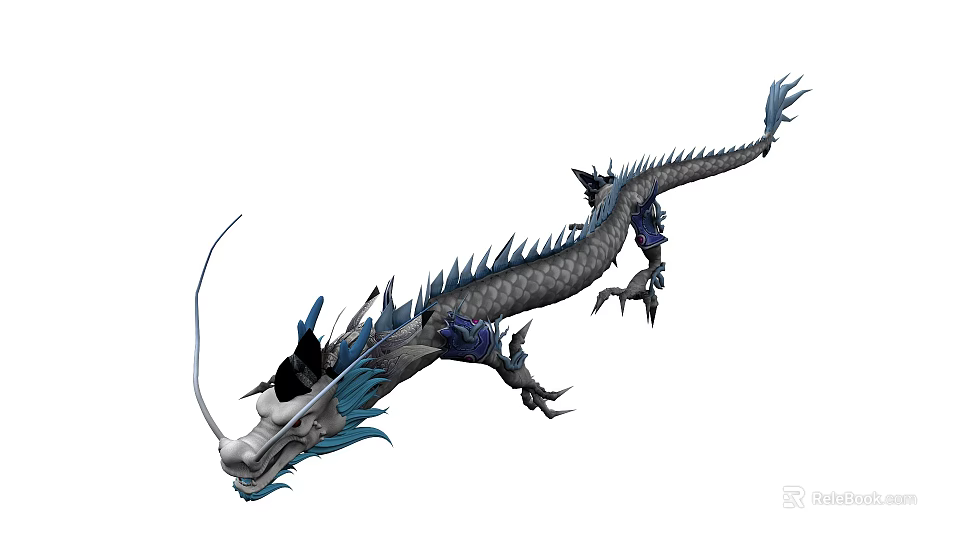 Majestic Blue and Gray Flying Dragon with Scales Long Whiskers and Sharp Claws in Flight 3d model 