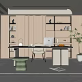 Modern Home Office Interior Design With Wooden Bookshelves Desk Computer Potted Plant And Decorative Rug