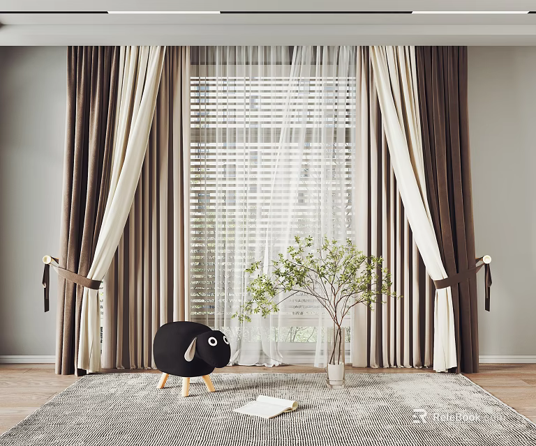Brown Curtains With White Sheer Layer And Tiebacks For Window Interior 3d model