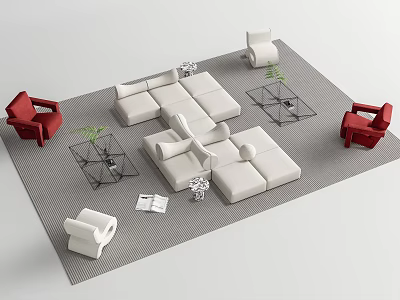 Modern White Sofa And Coffee Table Set With Red Armchairs Grey Carpet And Green Plants 3d model