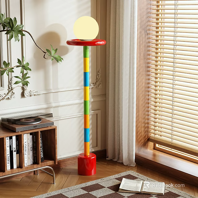 Modern Colorful Striped Column Floor Lamp In Indoor Room With Bookshelf And Green Plant 3d model 