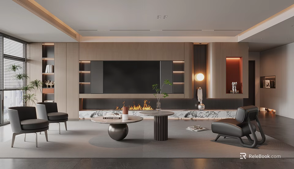 Modern Living Room Interior With Grey Sofa Marble Coffee Table Fireplace And TV Wall 3d model 