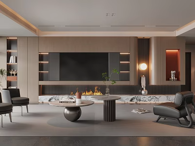Modern Living Room Interior With Grey Sofa Marble Coffee Table Fireplace And TV Wall 3d model