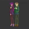 Two Anime Characters In Purple Uniform With Cat Ear Hats Short Skirt And Brown Shoes