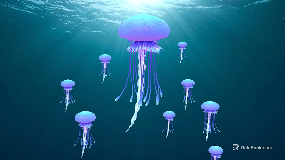 Group of Purple Jellyfish Floating in Deep Blue Ocean Water with Sunlight Rays 3d model 