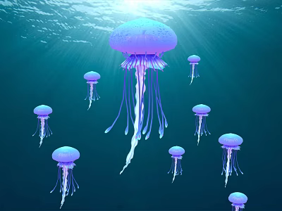 Group of Purple Jellyfish Floating in Deep Blue Ocean Water with Sunlight Rays 3d model