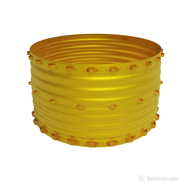 Yellow Cylindrical Mechanical Part With Corrugated Surface And Multiple Holes 3d model 