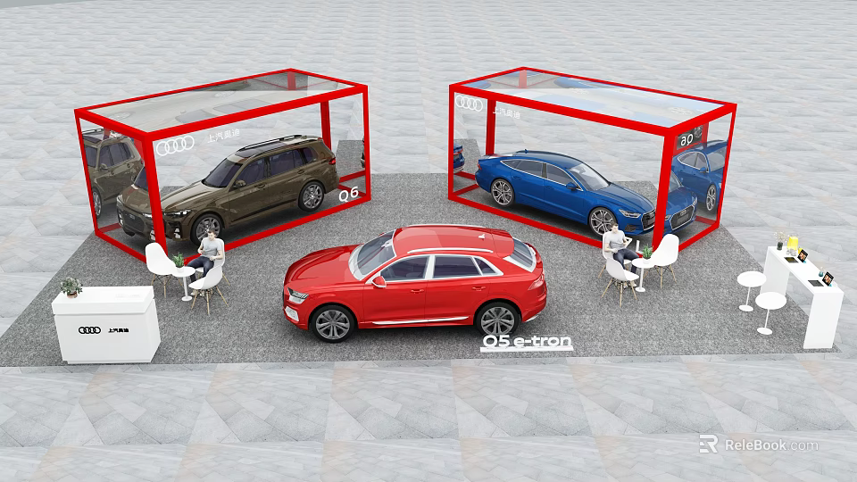 Audi Q5 Q5 e-tron Car Display With Transparent Red Frame Cases And Tables Chairs 3d model 
