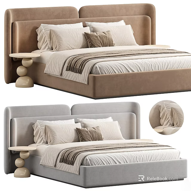 Modern Background Double Bed With Upholstered Headboard Striped Bedding And Round Side Table 3d model