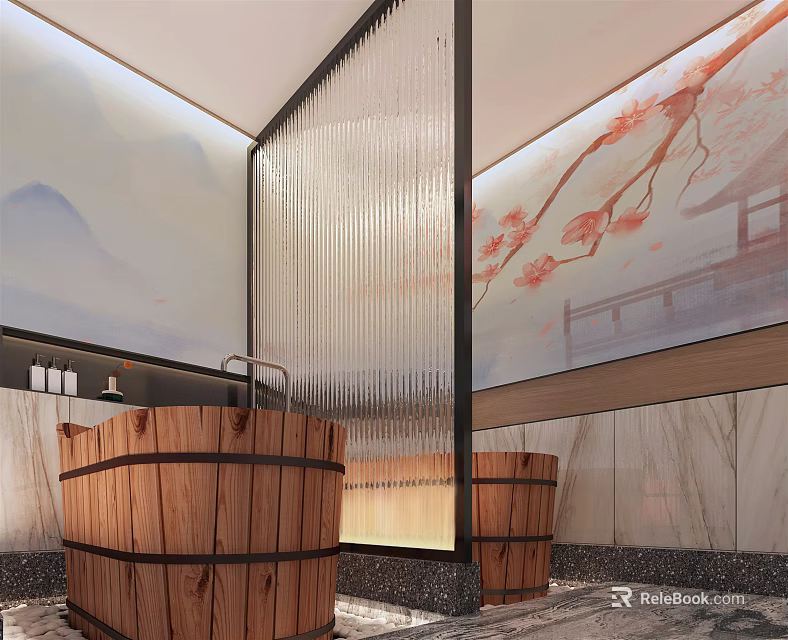 Elegant SPA Sauna Space Featuring Wooden Barrel Tubs Glass Partition And Sakura Decorative Wall 3d model 