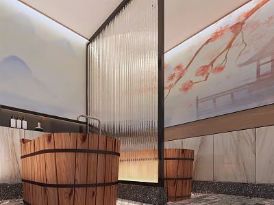 Elegant SPA Sauna Space Featuring Wooden Barrel Tubs Glass Partition And Sakura Decorative Wall 3d model