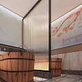 Elegant SPA Sauna Space Featuring Wooden Barrel Tubs Glass Partition And Sakura Decorative Wall