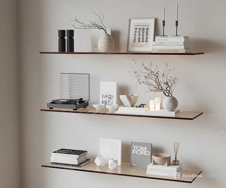 Modern Floating Shelves with Stacked Books Magazines Vase Twigs Framed Art and Record Player 3d model 