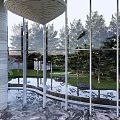 Modern Garden Landscape View Through Glass Windows With Lush Trees Lawn And Water Pond Reflections