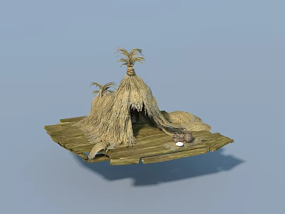 Traditional Thatched House With Straw Roof On Wooden Platform And Small Objects 3d model