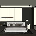 Modern Bedroom Interior Design With Upholstered Bed Gray Wardrobe Area Rug And Window Blinds