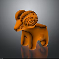 Orange Ram Toy Sculpture with Curved Horns on Black Reflective Background