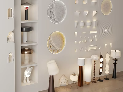 Modern Floor Lamps In Showroom Display With Various Stylish Designs And Shapes 3d model