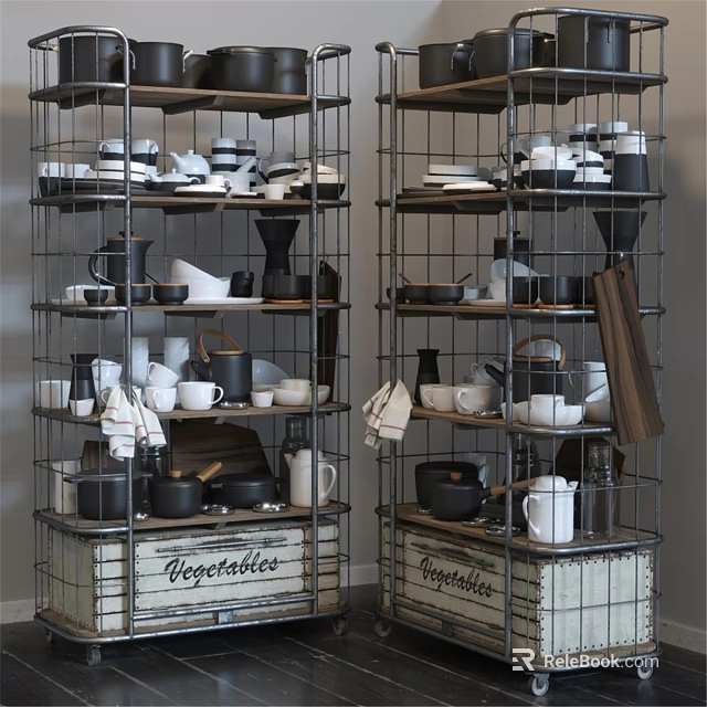 Organized Kitchen Dinnerware Set On Metal Wire Shelves With Wooden Crates 3d model 