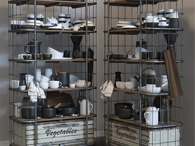 Organized Kitchen Dinnerware Set On Metal Wire Shelves With Wooden Crates 3d model