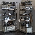 Organized Kitchen Dinnerware Set On Metal Wire Shelves With Wooden Crates