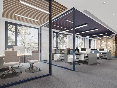 Modern Public Office Space Interior With Open Layout Glass Partitions Work Desks And Office Chairs 3d model