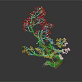 Unique Shaped Tree With Orange And Green Trunk Curved Branches Green Leaves Dark Background Reflection