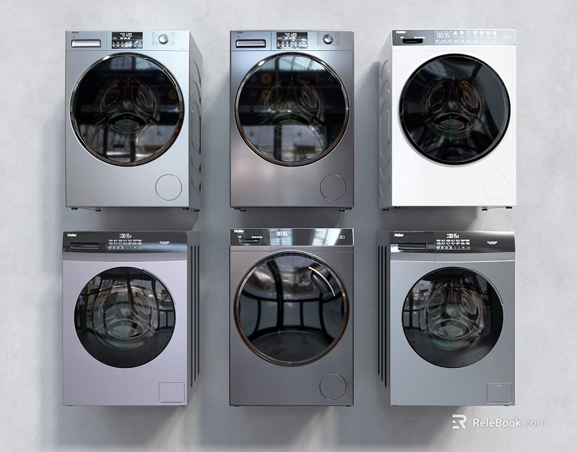 Six Modern Front Loading Washing Machines With Stainless Steel Design And Control Panels 3d model 