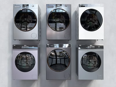 Six Modern Front Loading Washing Machines With Stainless Steel Design And Control Panels 3d model