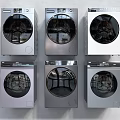 Six Modern Front Loading Washing Machines With Stainless Steel Design And Control Panels