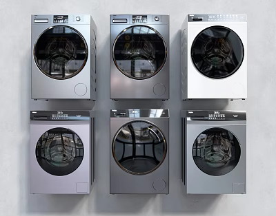 Six Modern Front Loading Washing Machines With Stainless Steel Design And Control Panels 3d model