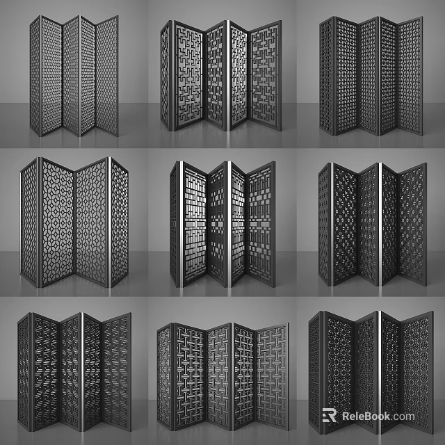 Modern Black Folding Room Divider Screen With Geometric Cutout Patterns For Home Interior 3d model
