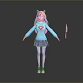 Game Character With Pink Hair Cat Ears Blue Sweater Red Heart And Pink Knife