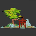 Traditional Japanese Architecture With Torii Gate On Small Island And Green Tree Blue Water