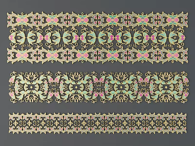 Various Intricate Carved Designs In Gold And Colorful Decorative Strips 3d model
