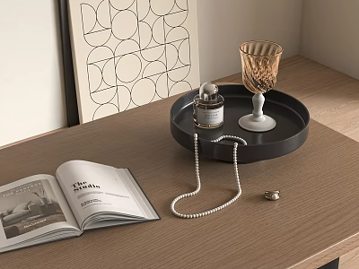 Decorative Ornaments Combination with Black Tray Perfume Bottle Golden Goblet Pearl Necklace on Wooden Table 3d model