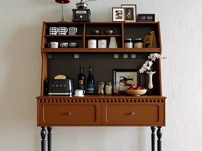 Wooden Brown Sideboard With Drawers And Shelves Holding Coffee Machine Cups Jars And Photo Frames 3d model