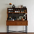 Wooden Brown Sideboard With Drawers And Shelves Holding Coffee Machine Cups Jars And Photo Frames