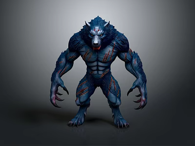 Mythical Blue Wolf Like Creature With Muscular Body And Red Markings 3d model