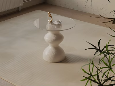 Minimalist Side Table with White Spherical Base Glass Top and Green Plants 3d model