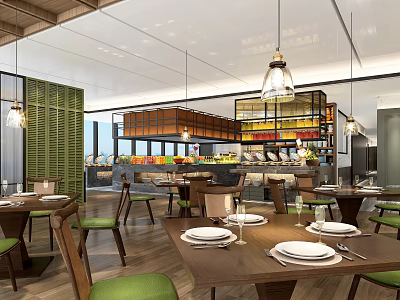 Modern Restaurant Interior Design With Wooden Dining Tables Green Chairs And Hanging Pendant Lights 3d model