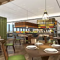 Modern Restaurant Interior Design With Wooden Dining Tables Green Chairs And Hanging Pendant Lights