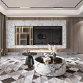 Elegant Modern Living Dining Room Interior With Marble Wall Sofa Dining Chairs And Decorative Bear Statue
