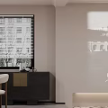 Modern Warm Open Plan Living And Dining Room With Elegant Wood Display Cabinets And Dining Set