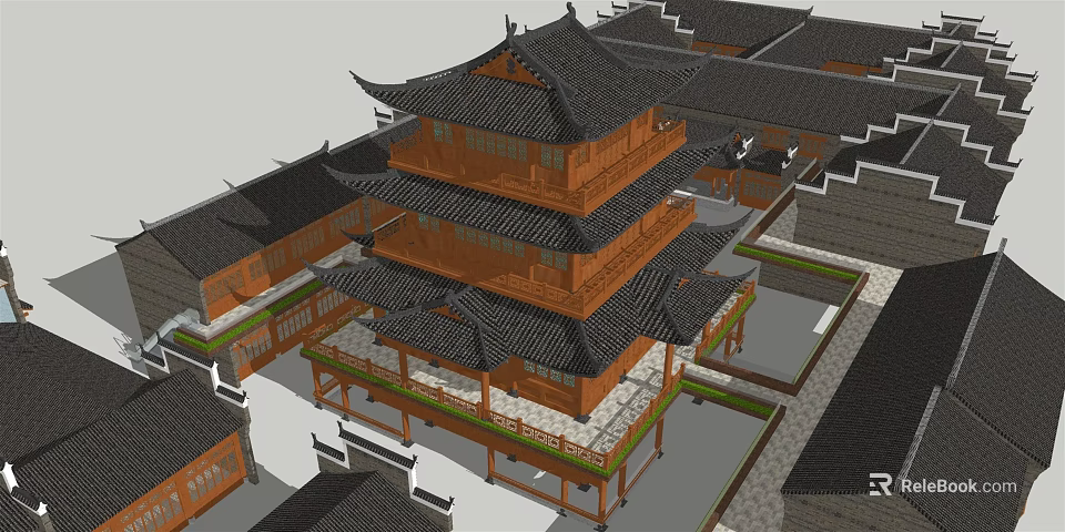Traditional Chinese Ancient Architecture Featuring Multi Story Pavilion With Overhanging Eaves And Wooden Structure 3d model 